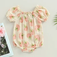 2023-05-18 Lioraitiin 0-24M Infant Baby Girls Bodysuit Flower Print Short Puff Sleeve Newborn Jumpsuits 2 Styles Summer Clothes 2