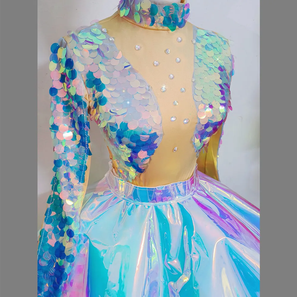 Glitter Sequins Bodysuit Laser Skirt Dance Outfit Bar Nightclub Party Stage Wear Women Dancer Team DJ Gogo Performance Costume