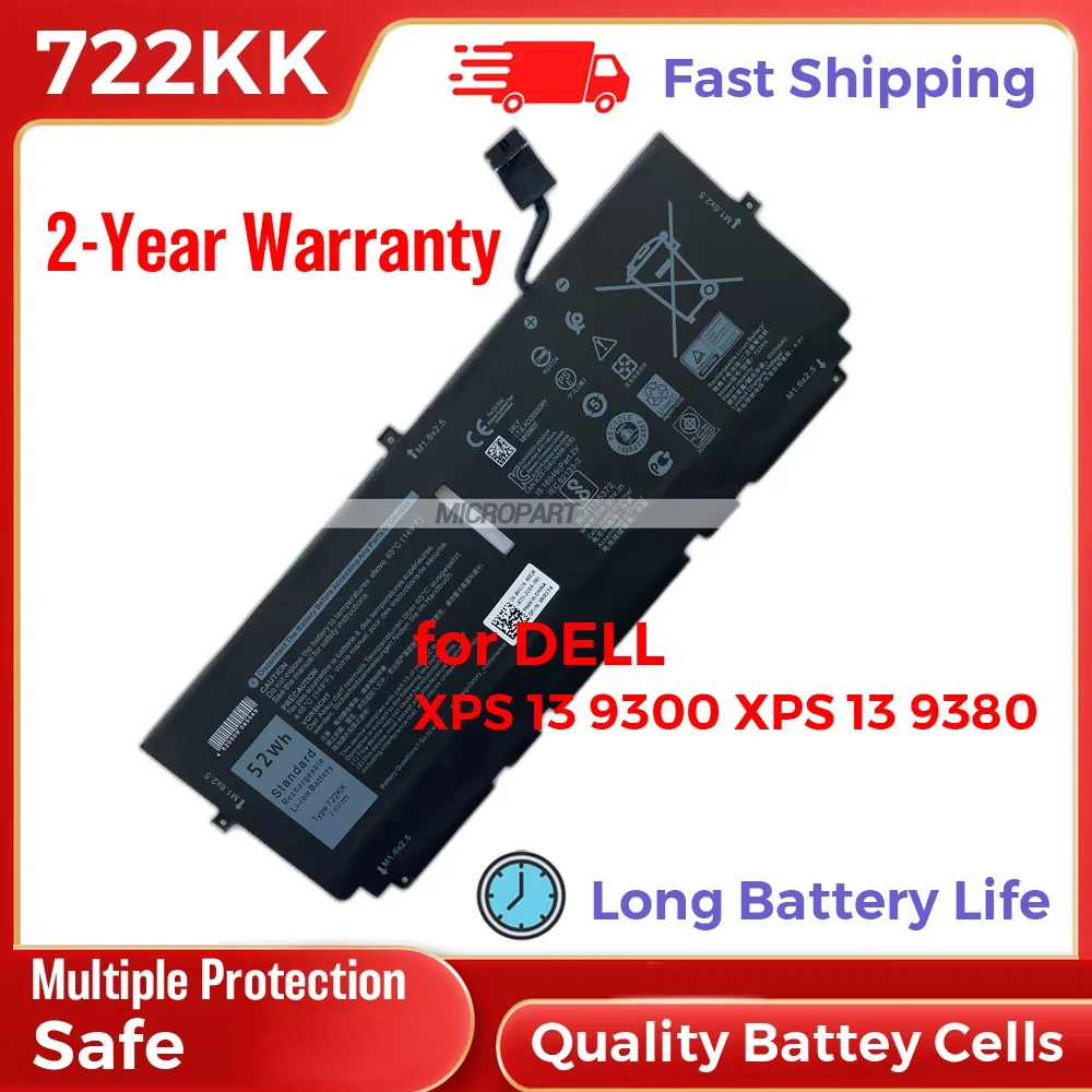 52Wh 722Kk Batteria Di Ricambio Per Laptop Di Ricambio Per Dell Xps 13 9300 Xps 13 9380 7.6V Batteria A Lunga Durata Li-Ion
