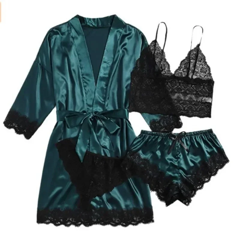 4pcs/set Women Pajamas Fashion Robe Sleep Skirt Nightwear Lace Satin with Silk Sleepwear Robe Sexy Pajama Pants Home Clothes