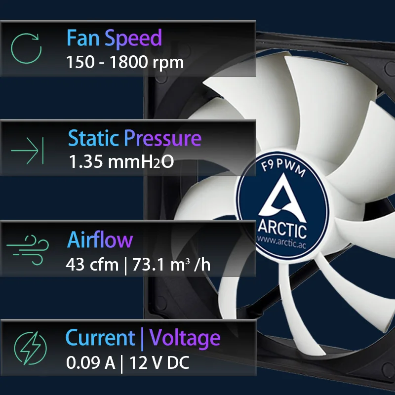 ARCTIC F9 PWM PST CO - 92 mm PWM PST Ventola PC, Collegamento PST, PWM Sharing Technology, Doppi Cuscinetti Sfera, Ventilazione 150-1800 RPM, 0,4 Sone - Nero