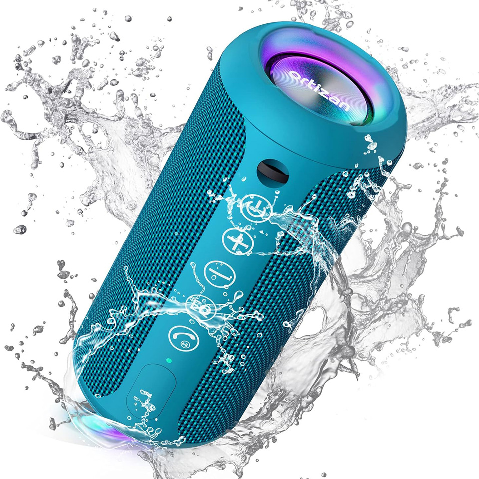 Ortizan Portable Wireless Speaker IPX7 Waterproof, 24W Loud Sound, Deep Bass, BT 5.3, LED Lights, Wireless Stereo Pairing