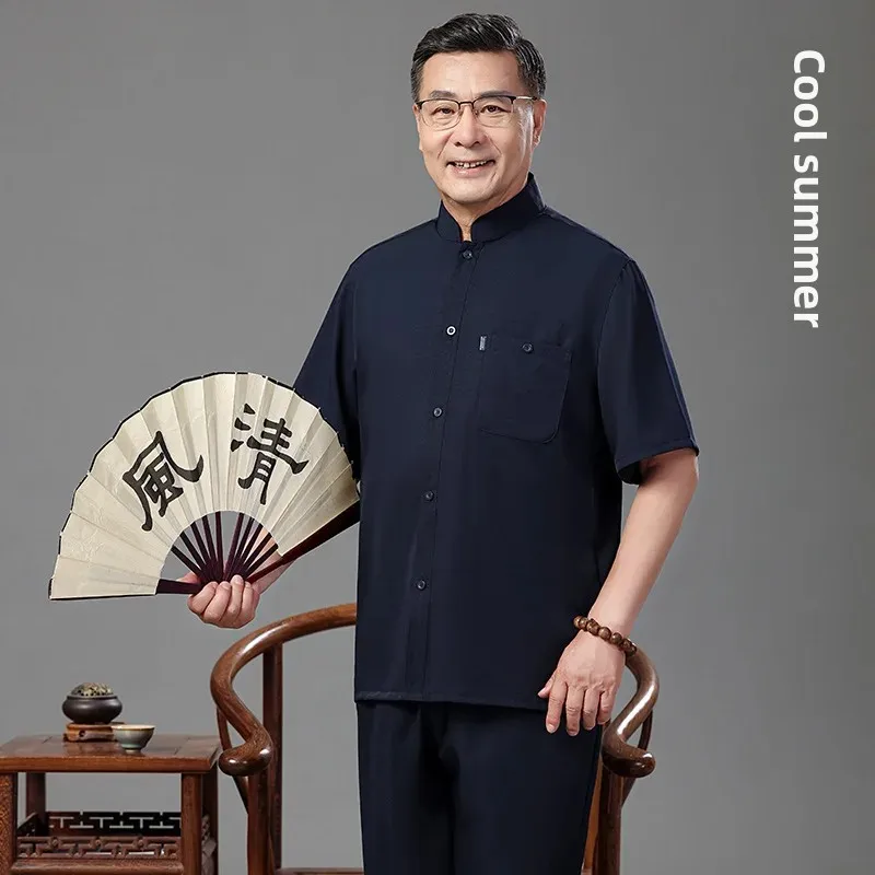 Ice Silk Summer Shirt And Pants Set for Dad Men's Chinese Style Casual Clothing Top And Bottoms One Piece Suit for Middle-Aged