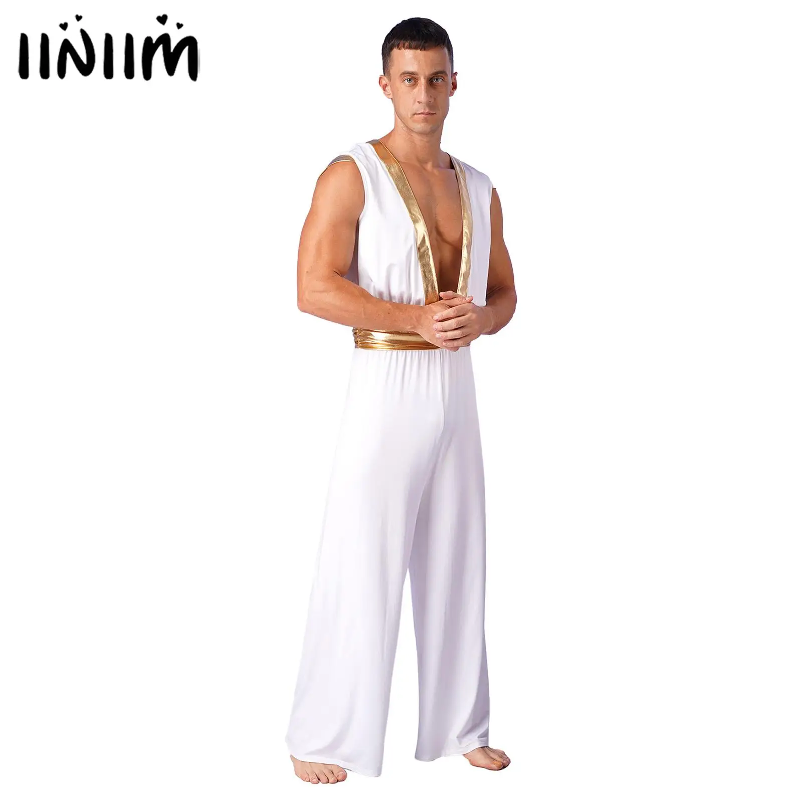 

Mens Halloween Arabian Jumpsuit Fairy Tales Show Cosplay Costumes Metallic Splice Ruched Deep V Neck Sleeveless Loose Jumpsuit