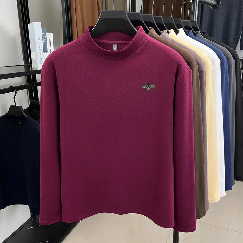 Luxus Mann Marke Frühling Lange Ärmel T-Shirt Mock Neck Samt Fleece Stickerei Hoodie Mode Freizeit Unterbekleidung männer Kleidung – Detail 17