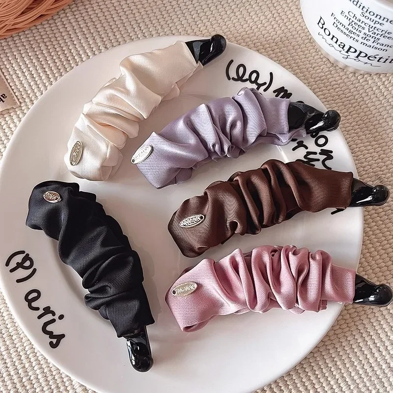 Korean Style Solid Color Silk Gold Label Hair Claw Women Girls Elegance Sweet Hairpin Barrette Simple Fashion Decor Hair Clips