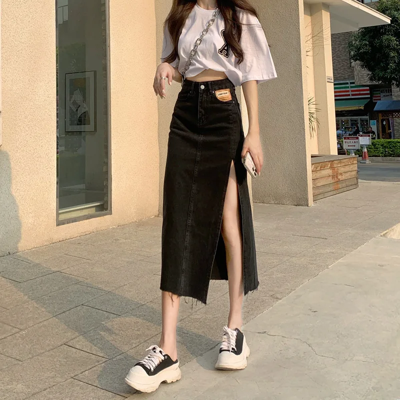 Midi Skirt Black Denim Skirt Carmar Black Long Jeans Skirts Women