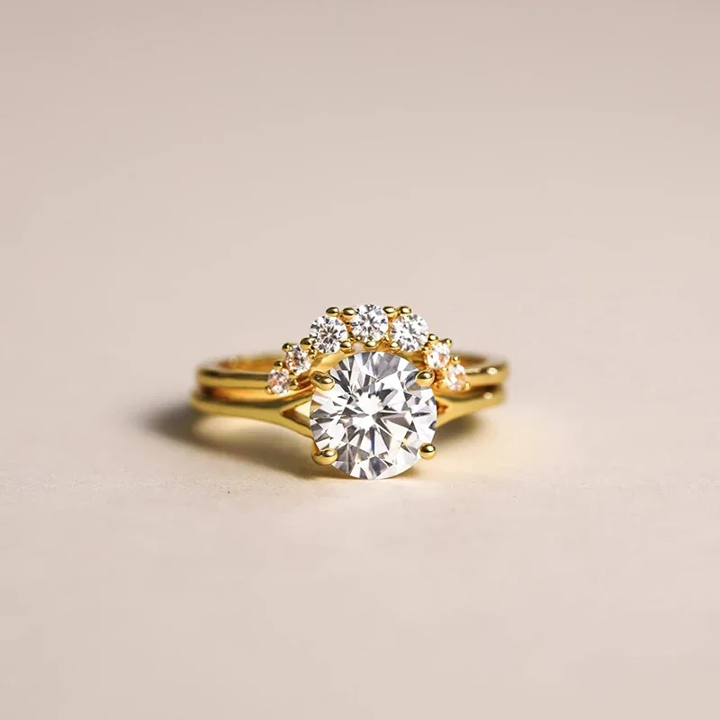 2CT Wedding Band for Women 14K Gold Plated CZ Promise Copper Ring Curved Round Shaped Bridal Ring Sets