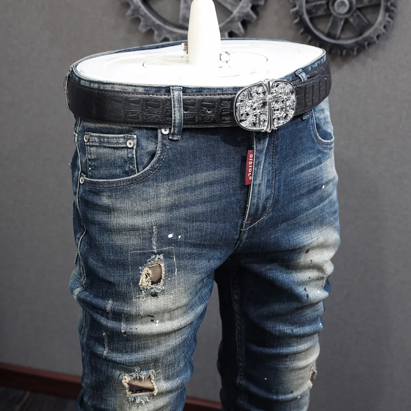 High Street Fashion Men Jeans Retro Black Blue Elastic Slim Hole Ripped Jeans Men Vintage Designer Hip Hop Denim Pants Hombre