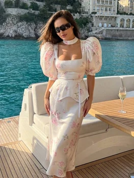 Satin Floral Print Maxi Dress Puffed Sleeve Halter Neck Waist Cinched 2026 Summer Vacation Women Vestido Fashion Chic Lady Gown 1