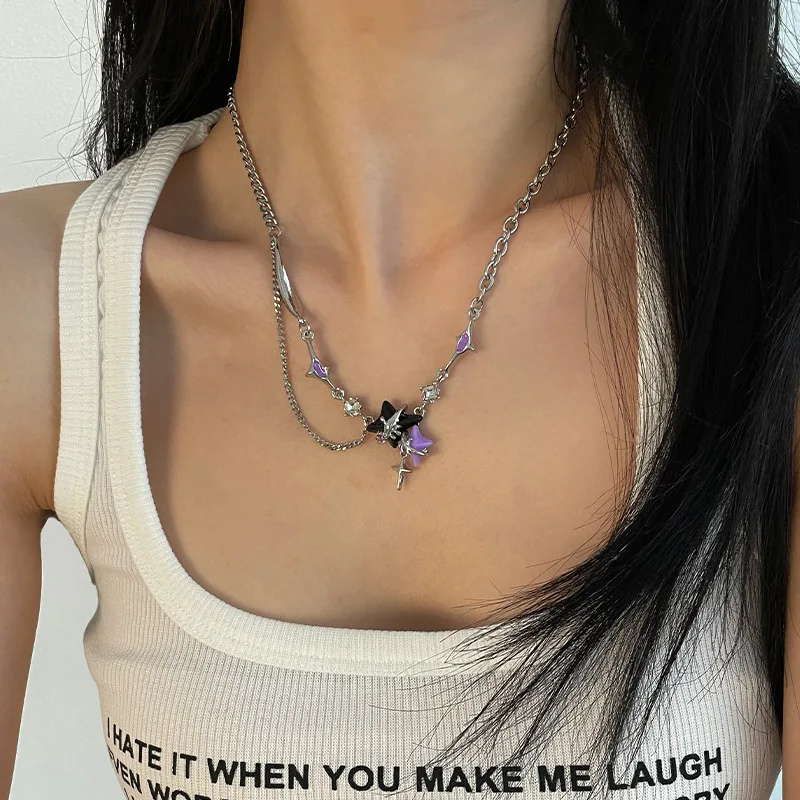 

Black Purple Star Irregular Necklace Spicy Girl Pendant Titanium Steel Locking Bone Chain