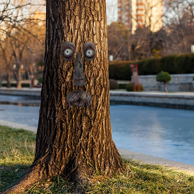 Statues de décoration de visage d'arbre en plein air, décor de visage d' arbre de