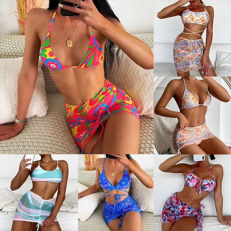 

Sexy Bikini 2022 Printed Triangle Cup Strap Sexy Women's Swimwear Women's Micro Bikini Set Solid Color Thong Swimwear