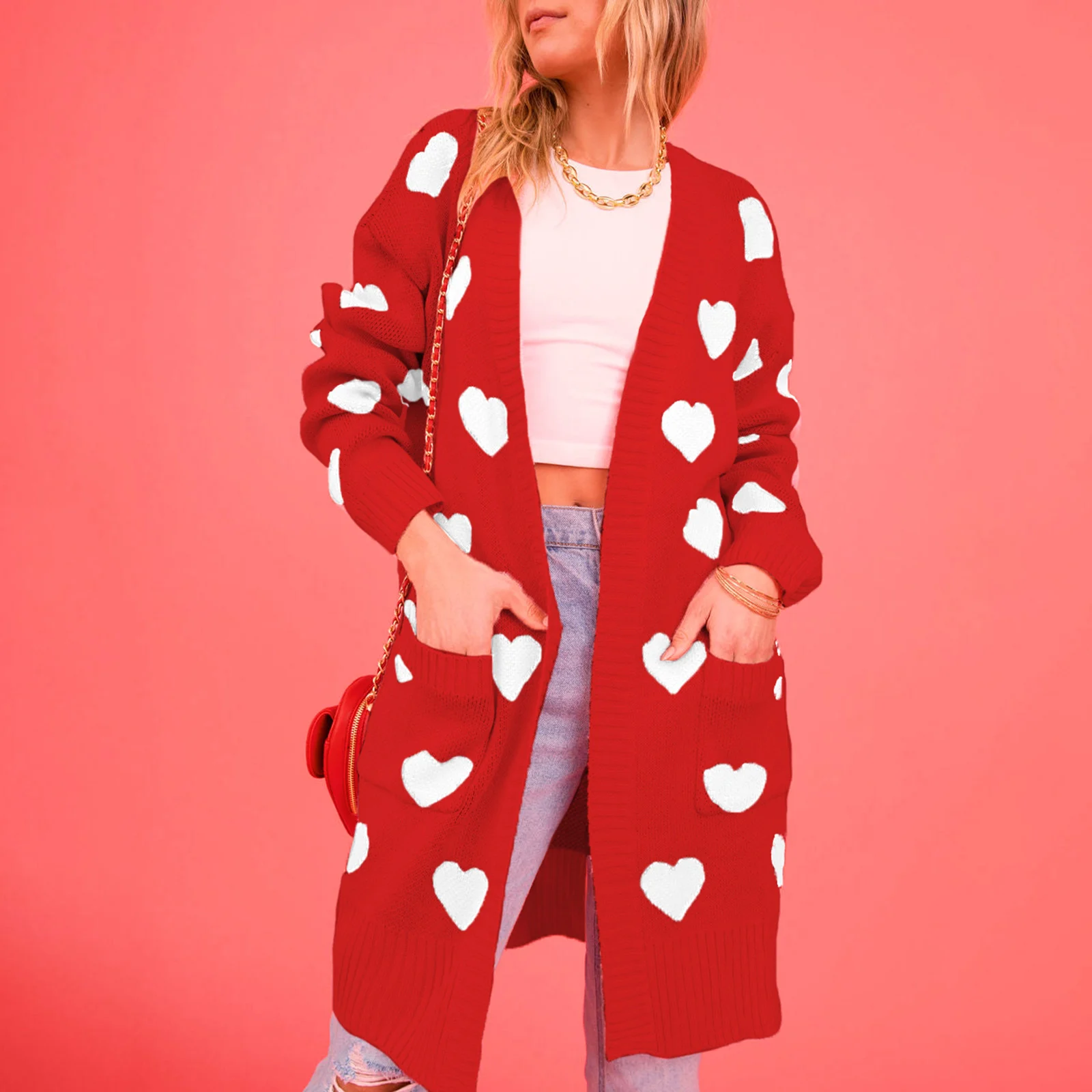 

Valentine Day Heart Sweater Cardigans for Women Chunky Casual Knit Long Sleeve Soft Pocketed Knitwear Streetwear