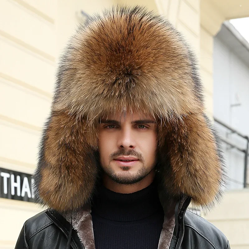 

Winter Men's 100% Real Natural Silver Fox Fur Aviator Bomber Hat Raccoon Fur Ushanka Cap Trapper Russian Man Ski Hats Caps