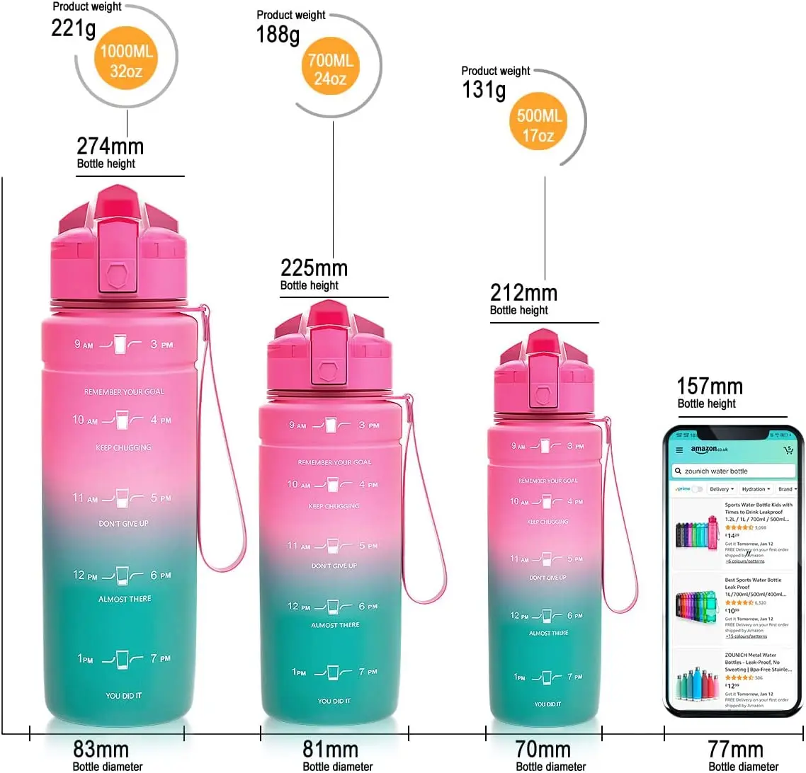 ZOUNICH 1L Motivational Water Bottle BPA Free Tritan Portable Reusable Water Cup For Outdoor Sports Fitness Large Capacity