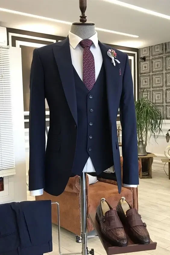 Tailor Made Orange Stylish Slim Fit Men Suits Business Peaked Lapel 3 Pieces (Jacket+Vest+Pant) Formal Wedding Tuxedos Suits