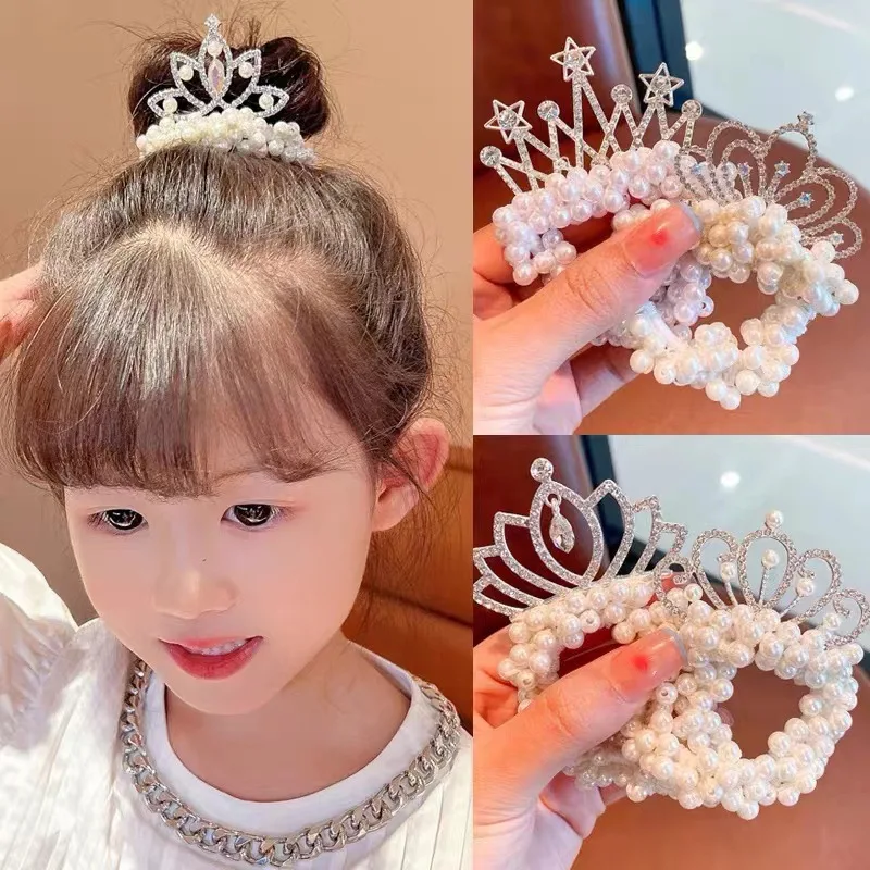 Fashion Pearl Crown Princess Hair Bands Elastic Rubber Bands Children Ball Hair Bun Ties Hair Styling Accessories