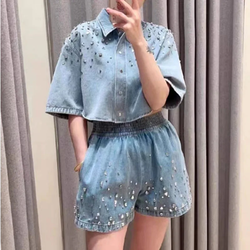 

Women's Casual Denim Suit Handmade Rhinestones Turn-down Collar Short Sleeve Shirt or Elastic Waist Shorts New Summer 2024