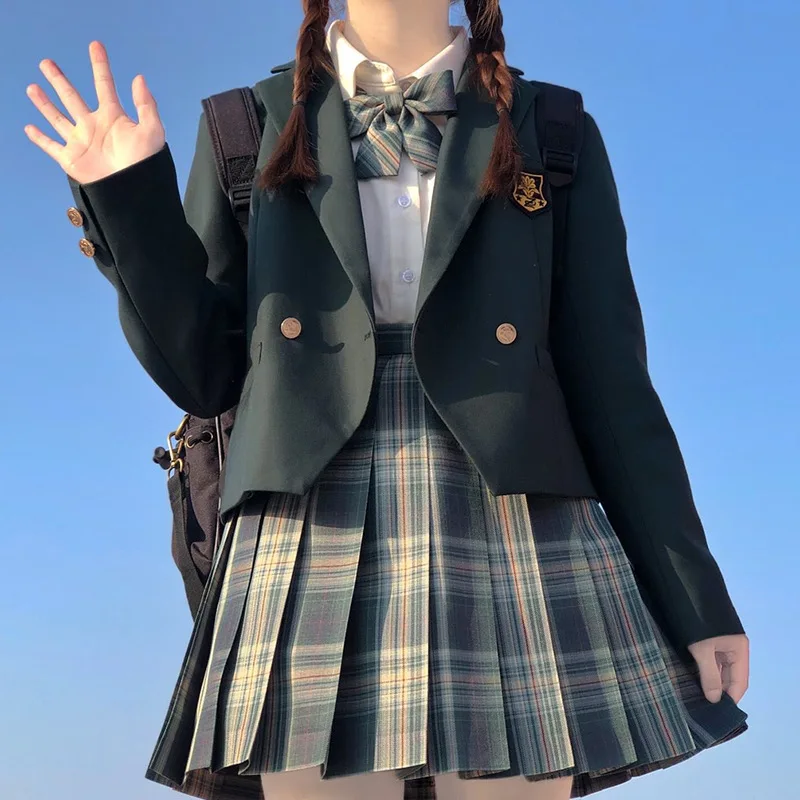 Original JK Uniform Short Girls Blazer Tie Plaid Skirt Suit Coat Plaid Skirt Medal Shirt Five-piece Female Sexy College Suit