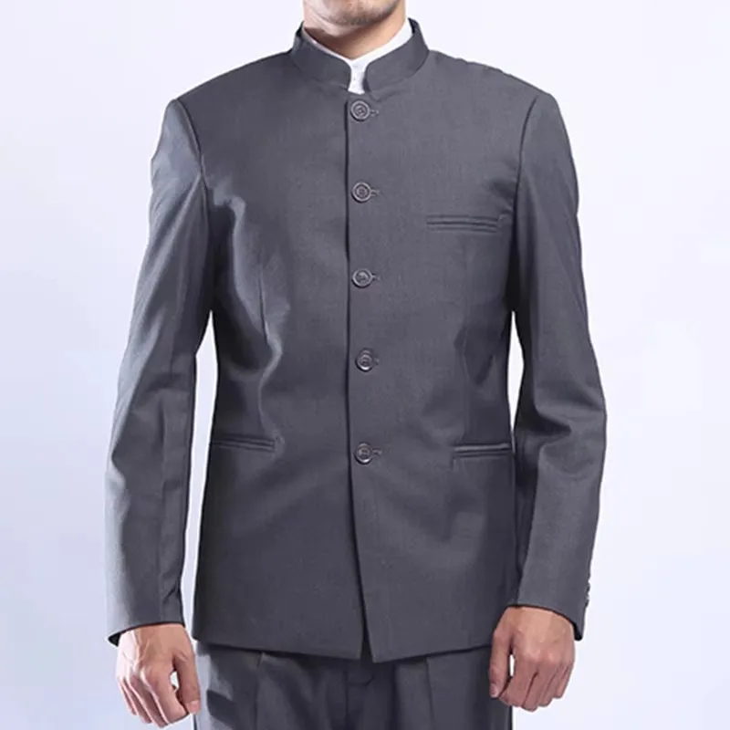 Chinese Style Men Gray Tunic Suit Jacket Stand Collar Single Breasted Business Casual Male Blazers