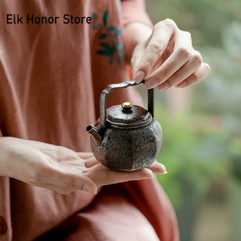 陶器水指し 130ml Japanese Old Rock Mud Teapot Retro Rust Red Gold