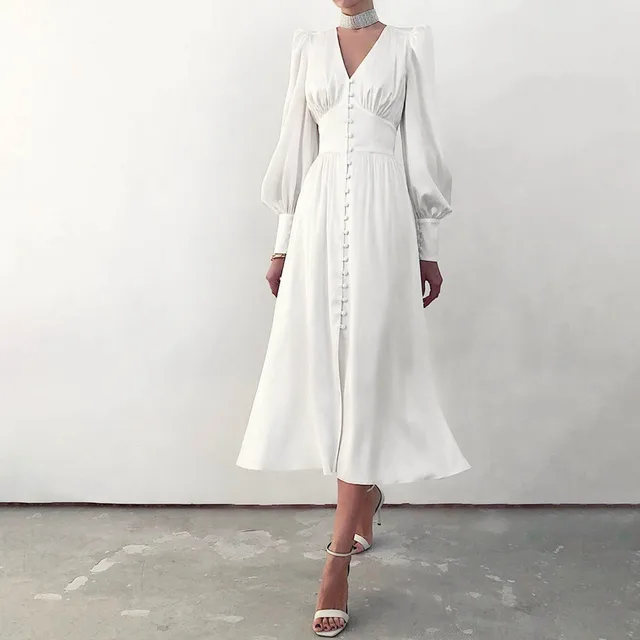 High Waisted Slim Fit Elegant Party Dress V-Neck Ruched Vintage Midi Dress Long Lantern Sleeves Solid Color Evening Dress Women 1