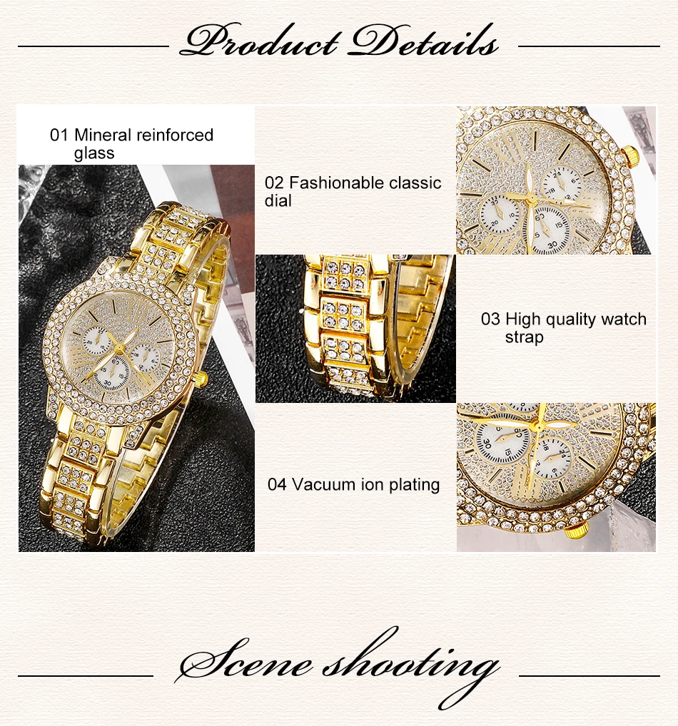 Damen Quarzuhr Gold Luxus Damen Ring Halskette Ohrring Strass Mode Armbanduhr lässig Damen Uhren Schmuck Set – Detail 5