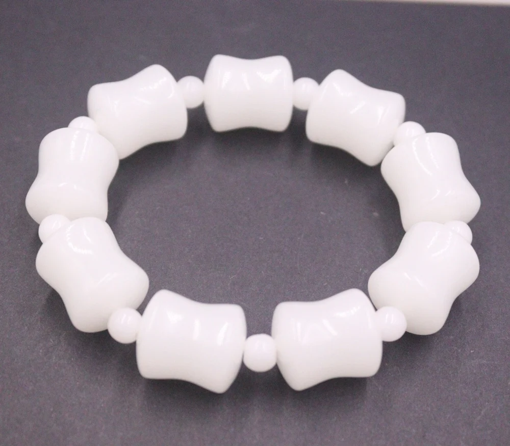 

Natural Jade Men Women Best Gift Lucky Long White Column Round Beaded Bracelet