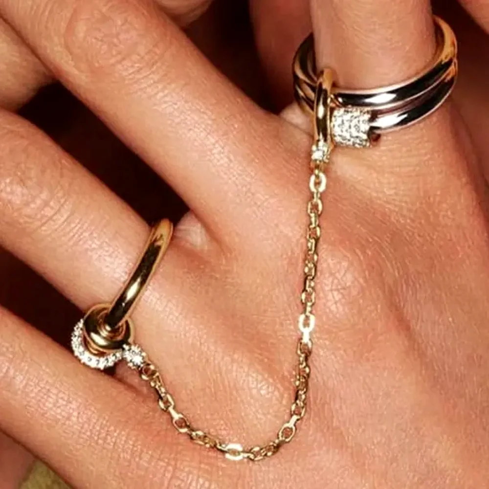 1 Piece Personalized Water Drops Tassel Link Chain Ring Fashion Style Bling Zirconia Gold Color Evening Finger Ring Jewelry