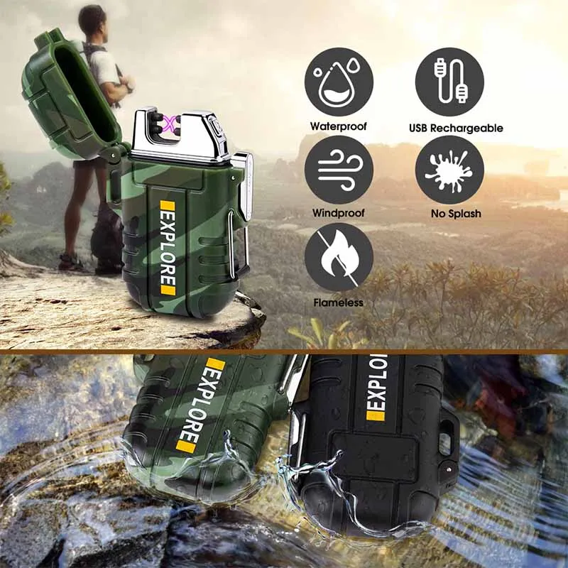 Outdoor Waterproof Usb Electric Lighter Windproof Dual Arc Plasma Lighters Smoking Accessories BBQ Candle lighter For Explorer bbq lighter cigarette lighter electric arc igniter