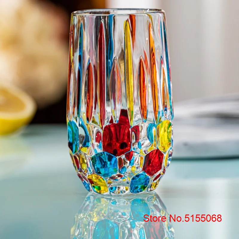 New Italy Hand Drawn Crystal Contrast Color Highball Glass Cocktail Water Drinking Glasses Old Fashioned Whisky Cup Wine Tumbler