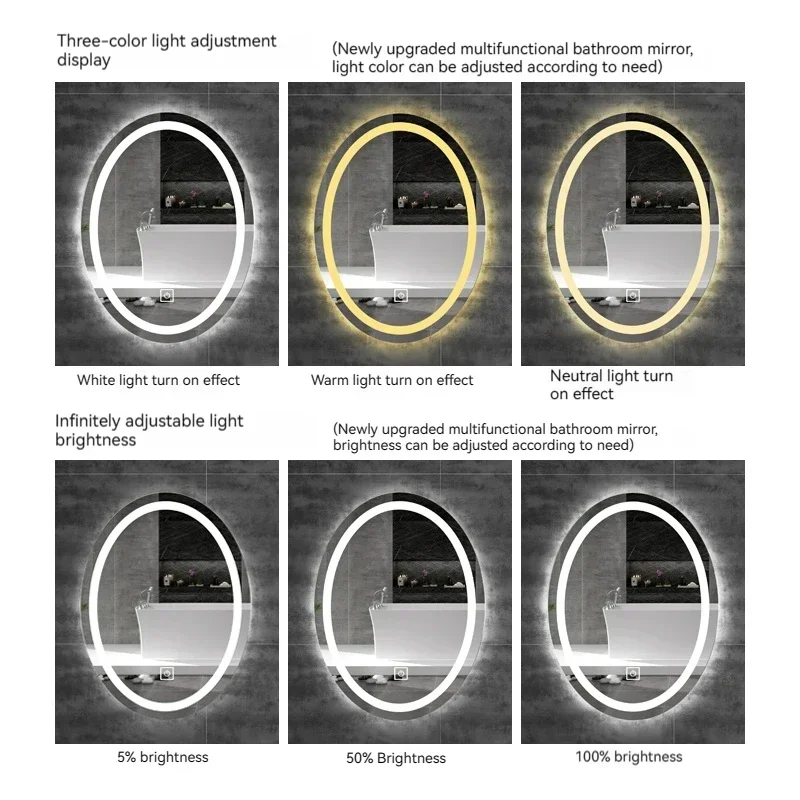 60x80 CM LED Light Oval Smart Bathroom Mirror Vanity Anti-Fog HD Home Decoration Hotel Makeup