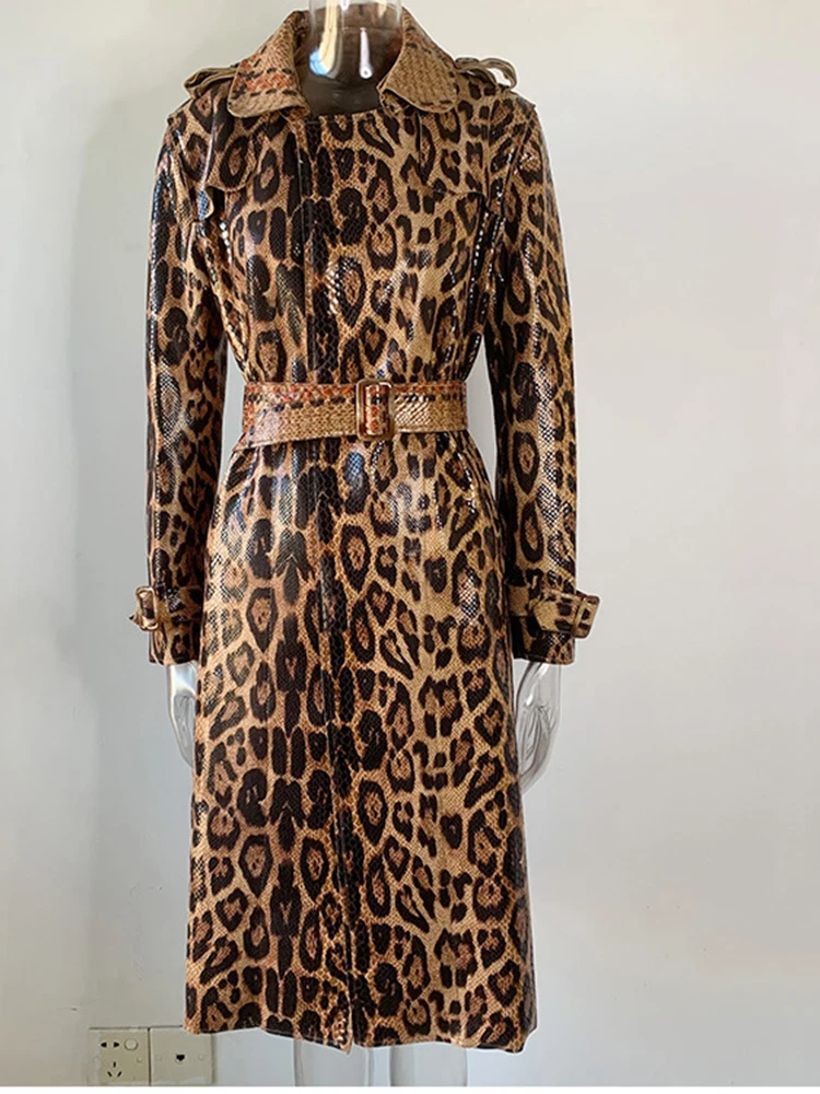 

HIGH QUALITY Newest Winter 2023 Designer Overcoat Women's Snake skin Leopard Print Belted Long Breaker Belted Trench OverCoat