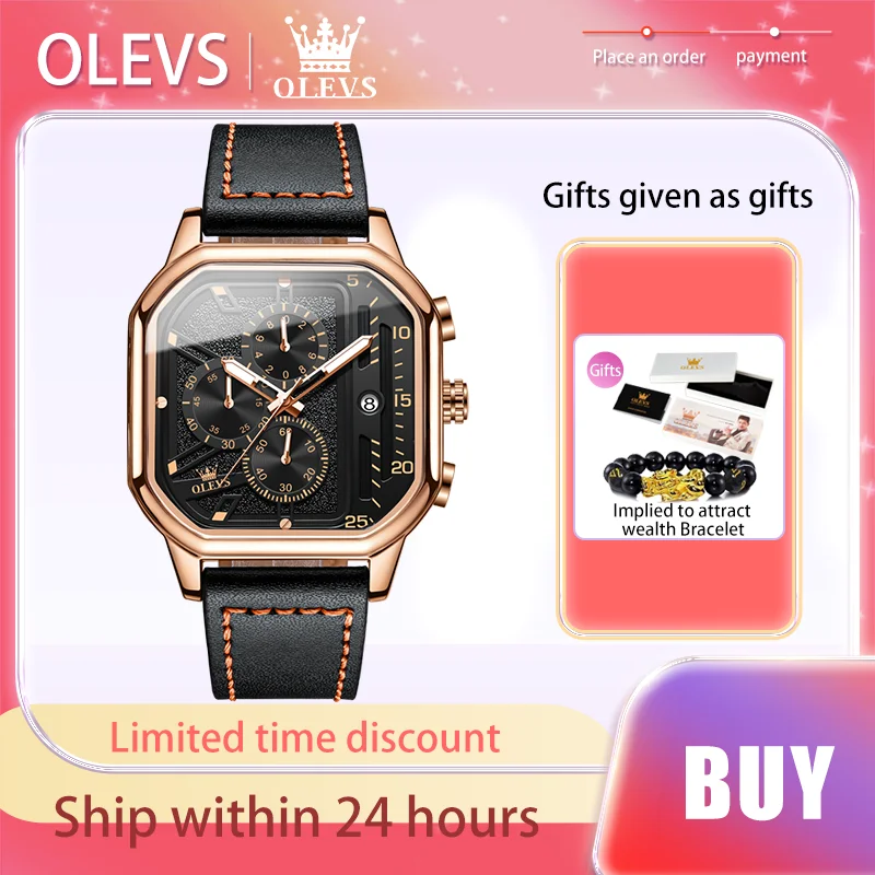 

OLEVS Original Men's Quartz Watche Business Square Dial Leather Strap Watch for Men Waterproof Luminous Calendar Male Wristwatch