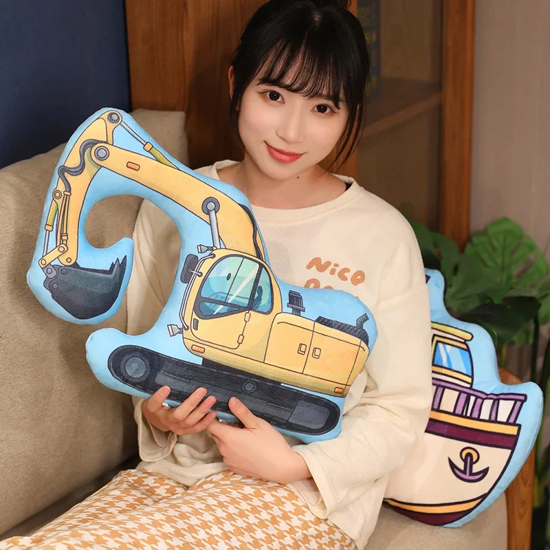 Cartoon Police Car Fire Truck Excavator Plush Toys Stuffed Doll Hug Pillows Chair Cushion Boys Gifts Room Decor 4