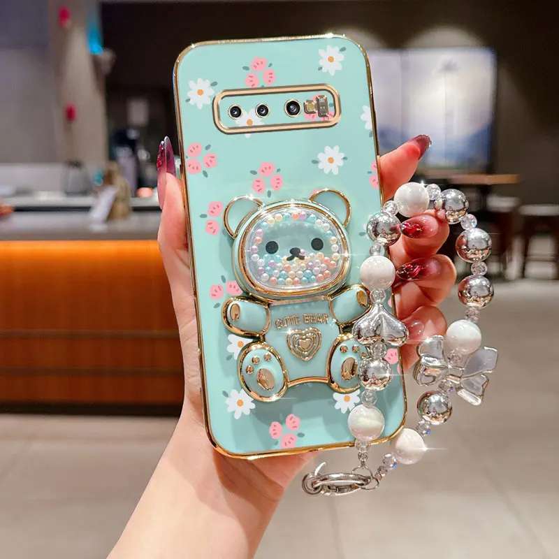 Perle Strap Mini Blume Bär Überzug Telefon Halter Fall Für Samsung Galaxy S10 Plus S9 S8 Plus + Zurück Stehen mädchen Verwendet Zurück Abdeckung – Detail 12