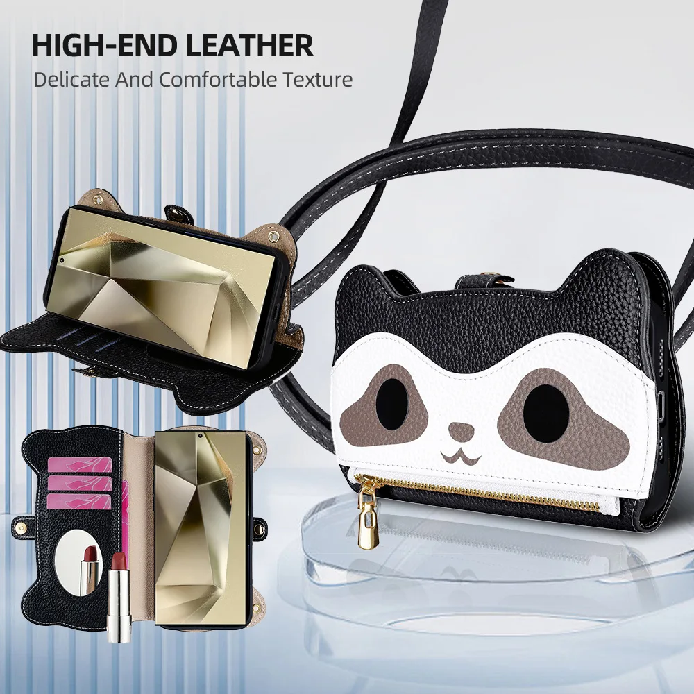 Crossbody Cartoon Wallet Case with Leather Strap and Zippered 3-Card Holder