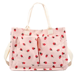 Charming Strawberry Patch Large Fabric Tote with Adjustable Shoulder Strap (Pink)