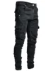 Men Street Elastic Denim Jeans Wash Solid Color Multi Pockets Cargo Pants Casual Slim Fit Daily Wear Joggers Mid Waist Trousers 2