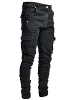 Men Street Elastic Denim Jeans Wash Solid Color Multi Pockets Cargo Pants Casual Slim Fit Daily Wear Joggers Mid Waist Trousers 2