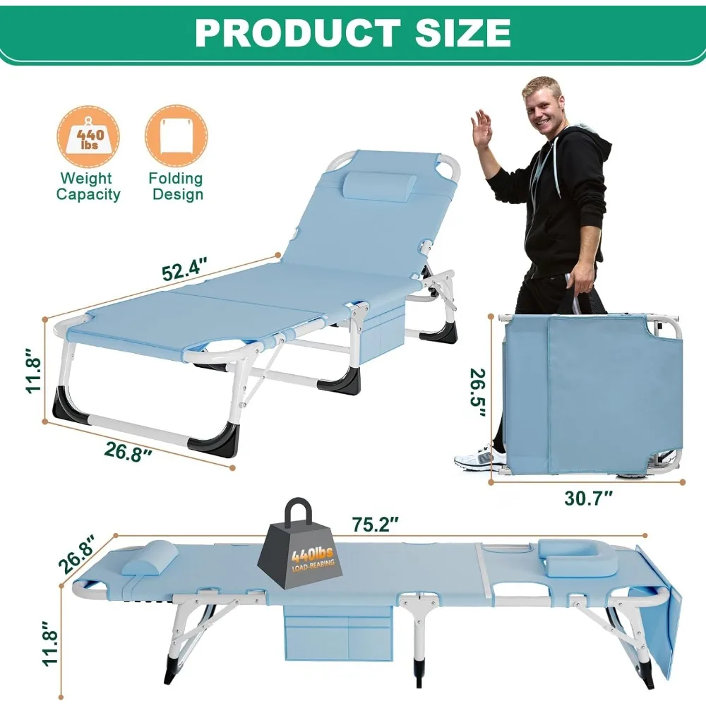 3in1 Sun Tanning Chair with Mattress, Heavy Duty Lounger Chair with Face Arm Hole, Removable Pillow