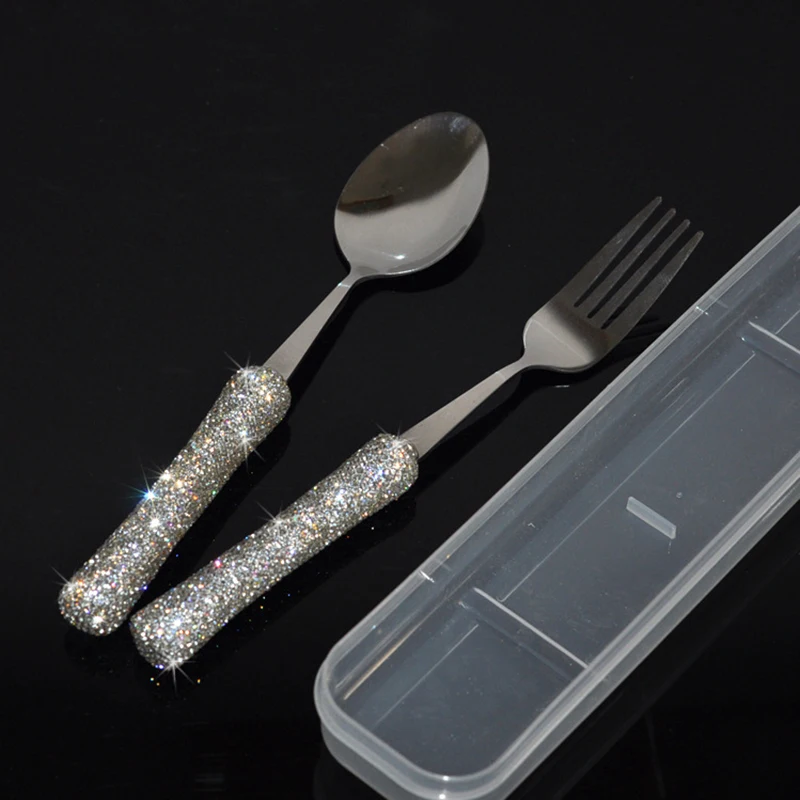 Description Picture 3 of itemLuxury Spoon Fork Knife Chopsticks Set 304 Stainless Steel Cutlery Tableware Sparkling Diamond Flatware Dinnerware Set With Case