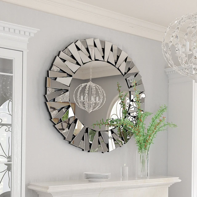 32" Wall Mirrors Decorative Round Sunburst Mirror for Wall Decor Modern Silver Glass Wall-Mounted Beveled Hanging Circle Accents 4