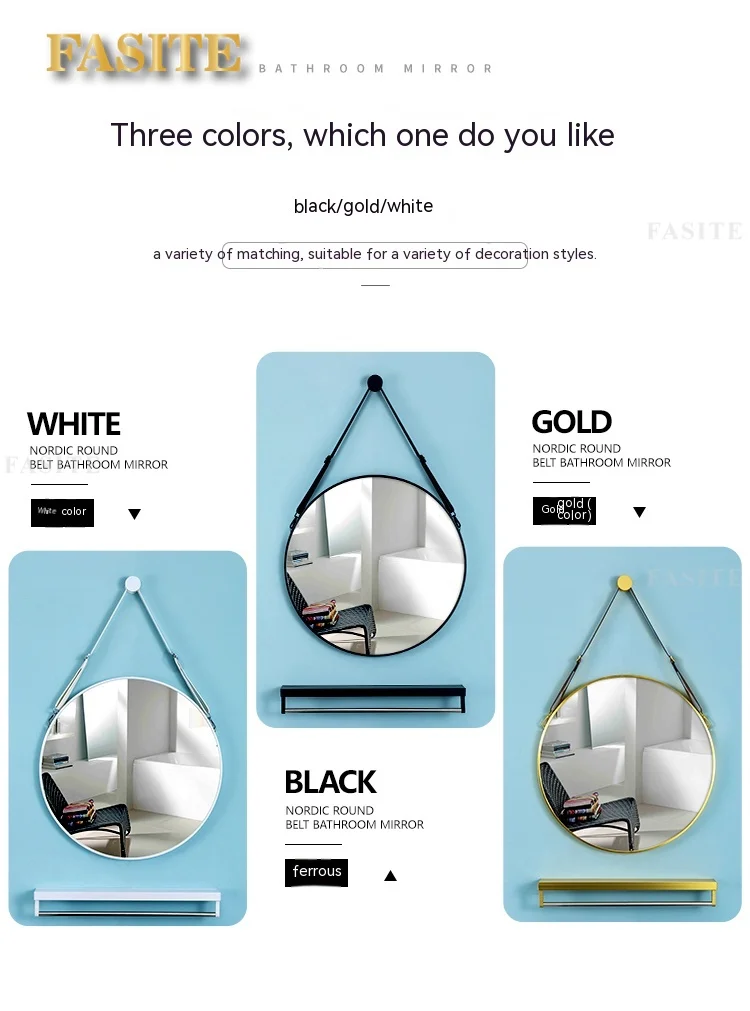 Description Picture 4 of itemNordic Bathroom Mirror Round Wall Mount Mirror Hanging Ornament Salon Bathroom Decor Mirror Safety Explosion-proof