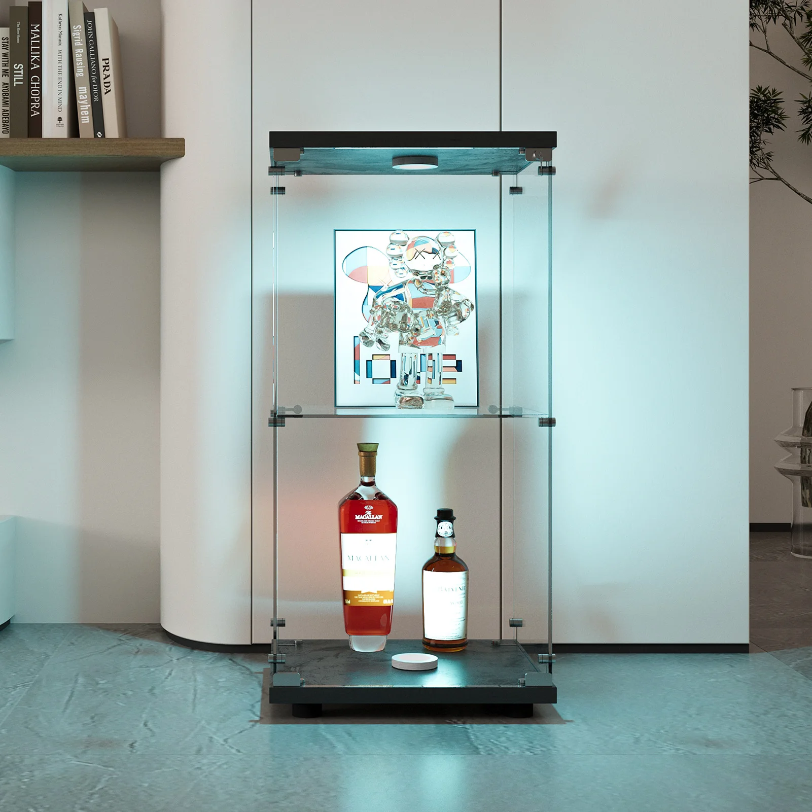 Lazyspace Glasvitrine mit LED-Beleuchtung und abschließbarer Tür, dekorative Regale für Sammlerstücke, Wein, Heimdekoration – 125 x 42 x 36 cm – Detail 4