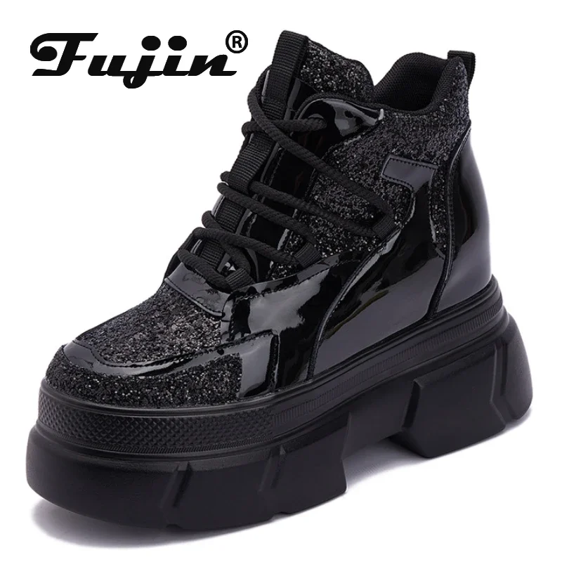 

Fujin 10cm Patent Platform Wedge Spring Autumn Sneakers Chunky Vulcanize Walking Shoes Ankle Booties Leather for Women Fashion