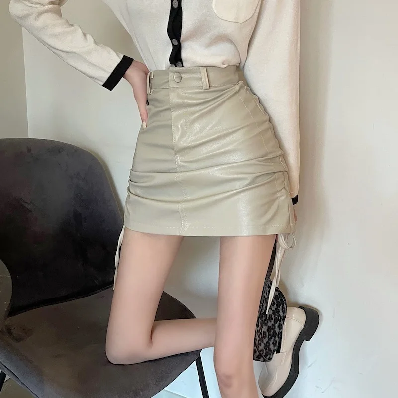 Hzirip Drawstring PU Women Mini Skirts Plus Size Sexy Autumn Chic All Match Party Slim 2021 Prom Casual High Waist Office Lady skirts for women