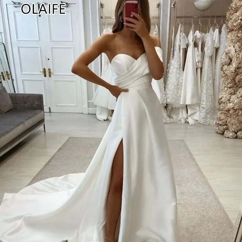 

Simple Wedding Dresses Bridal Gowns for Wedding A Line Satin Robe De Marié Wedding Gown for Women vestidos de novia with Slit