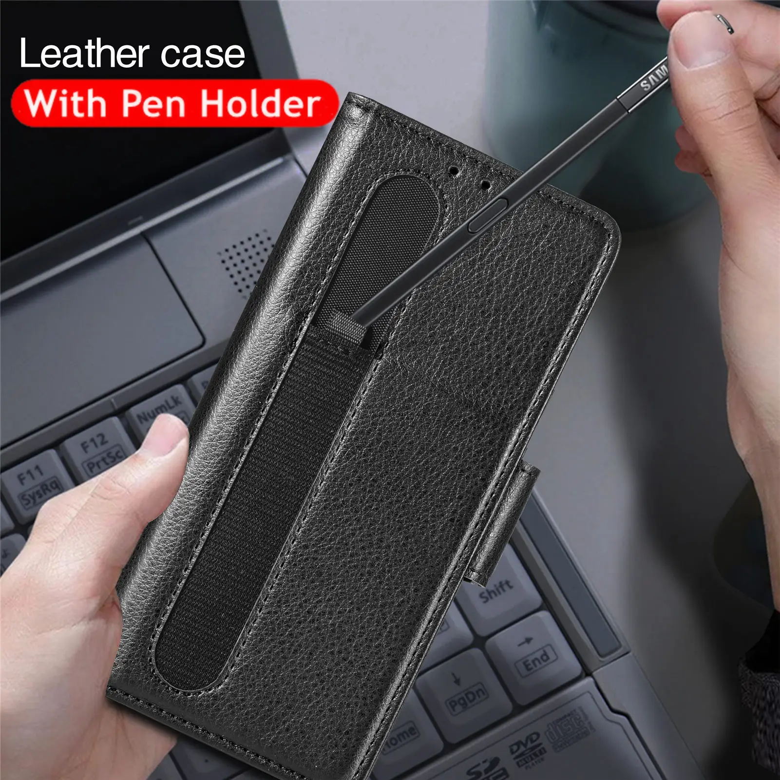 Premium Lychee Pattern Leather Case for Samsung Galaxy Z Fold 4 3 with Pen Holder Multifunctional Wallet Design Anti-Drop Cover